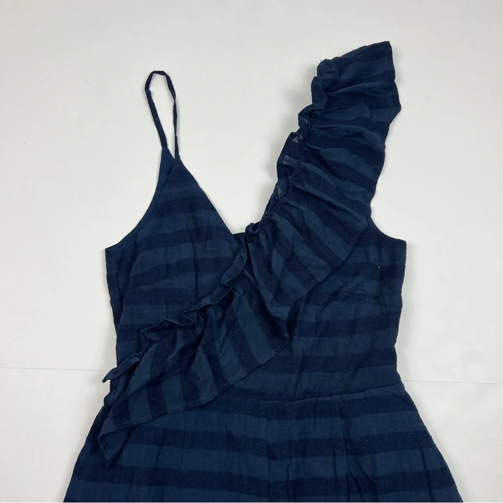 Tularosa Navy Blue Striped Ruffle Florence Cropped Jumpsuit